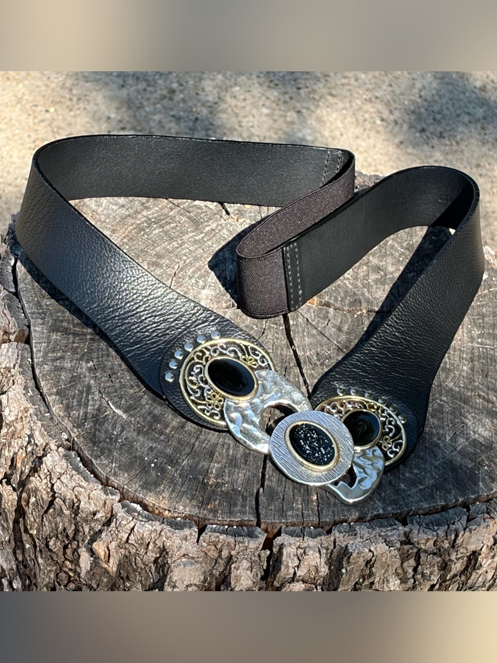 Chico's Black Elastic Leather-Accent Belt with Mixed Metal Medallions